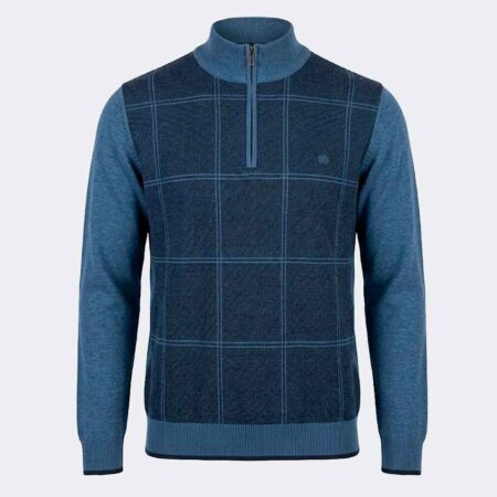 Jersey hombre punto cuello semicisne con cremallera a cuadros color azul