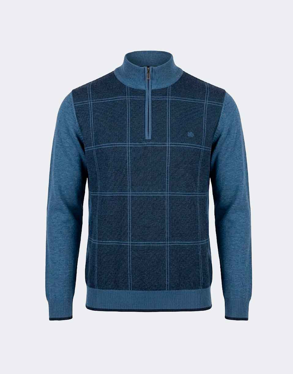 Jersey hombre punto cuello semicisne con cremallera a cuadros color azul
