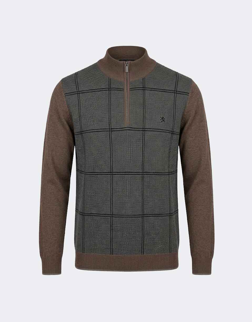 Jersey hombre punto cuello semicisne con cremallera a cuadros color marrón