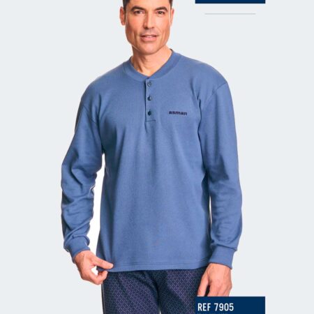 Pijama hombre punto felpado con tapeta botones camiseta lisa y pantalón estampado