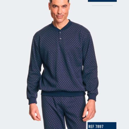Pijama para hombre punto felpa con tapeta  botones  acabado con canalé estampado 3 rayitas