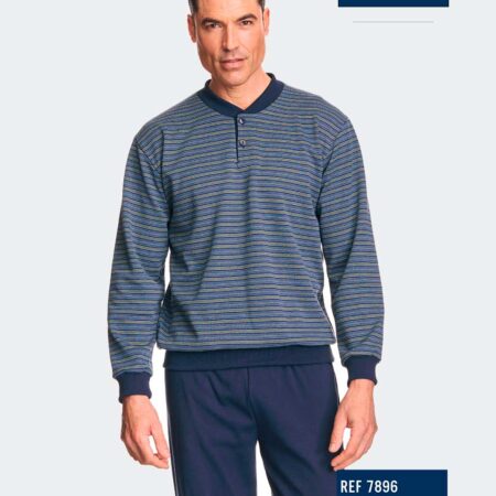 Pijama punto felpa hombre con tapeta botones con puño a rayas