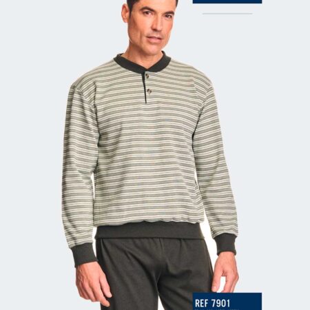 Pijama hombre punto felpa con tapeta botones puños a rayas verde