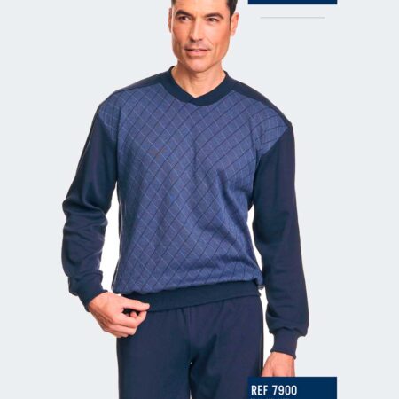Pijama de hombre punto felpa acabado en canalé a rombos
