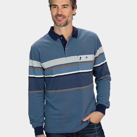 Polo un poco felpado de hombre punto piqué con bolsillo color azul con franjas a diferentes tonos