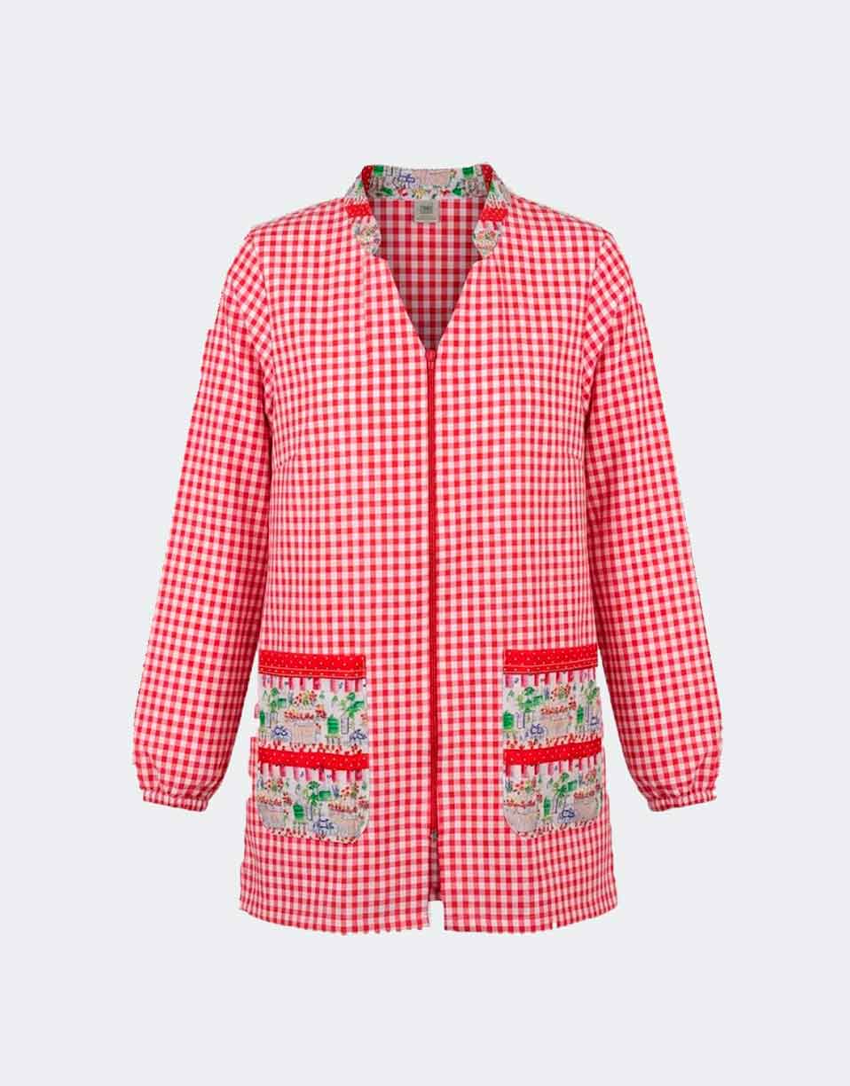 Bata corta mujer cuadros con cremallera y cuello mao combinado con estampado de paraditas de flores - Imagen 2