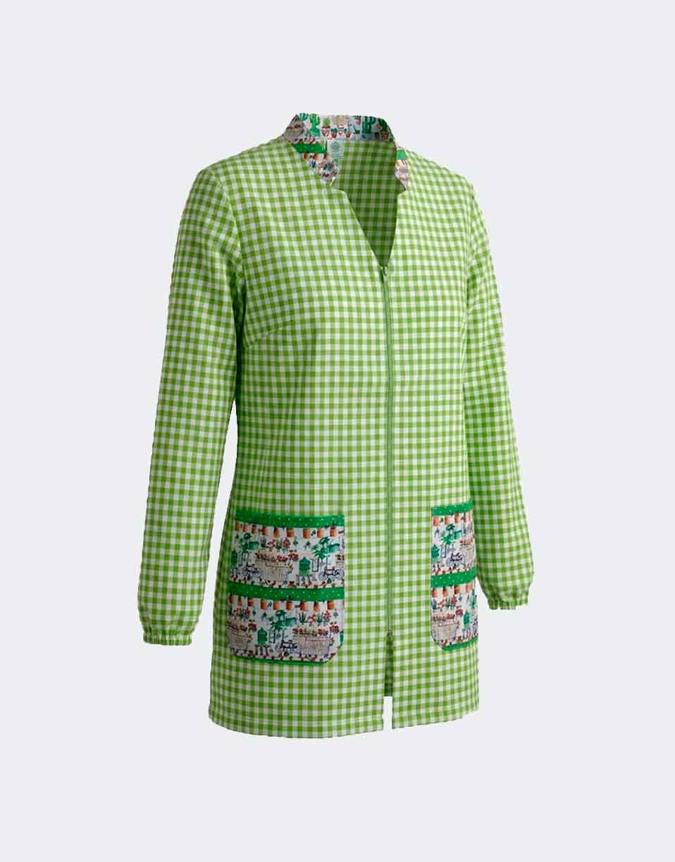 Bata corta mujer cuadros con cremallera y cuello mao combinado con estampado de paraditas de flores