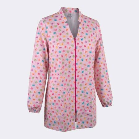 Bata corta mujer cuadros rosa manga larga con cremallera