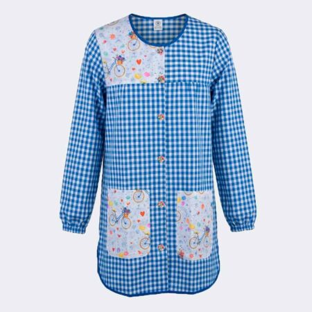 Bata corta mujer cuadros azul combinado con estampado de dibujo bicicletas