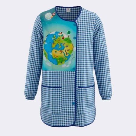 Bata corta mujer cuadros azul combinado con estampado de dibujo mundo