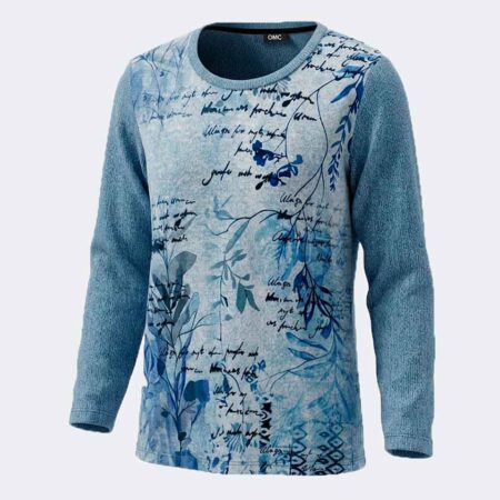 Camiseta mujer punto cuello redondo estampado flores y letras azul