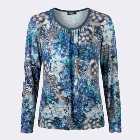 Camiseta mujer punto cuello redondo manga larga estampado abstracto azul