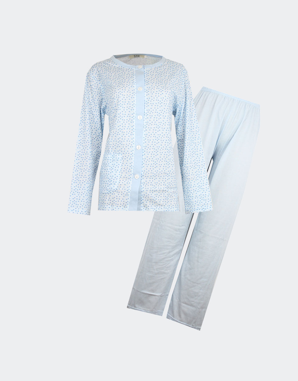 Pijama mujer punto fino manga larga de chaqueta abierta estampada de florecitas con pequeños círculos |