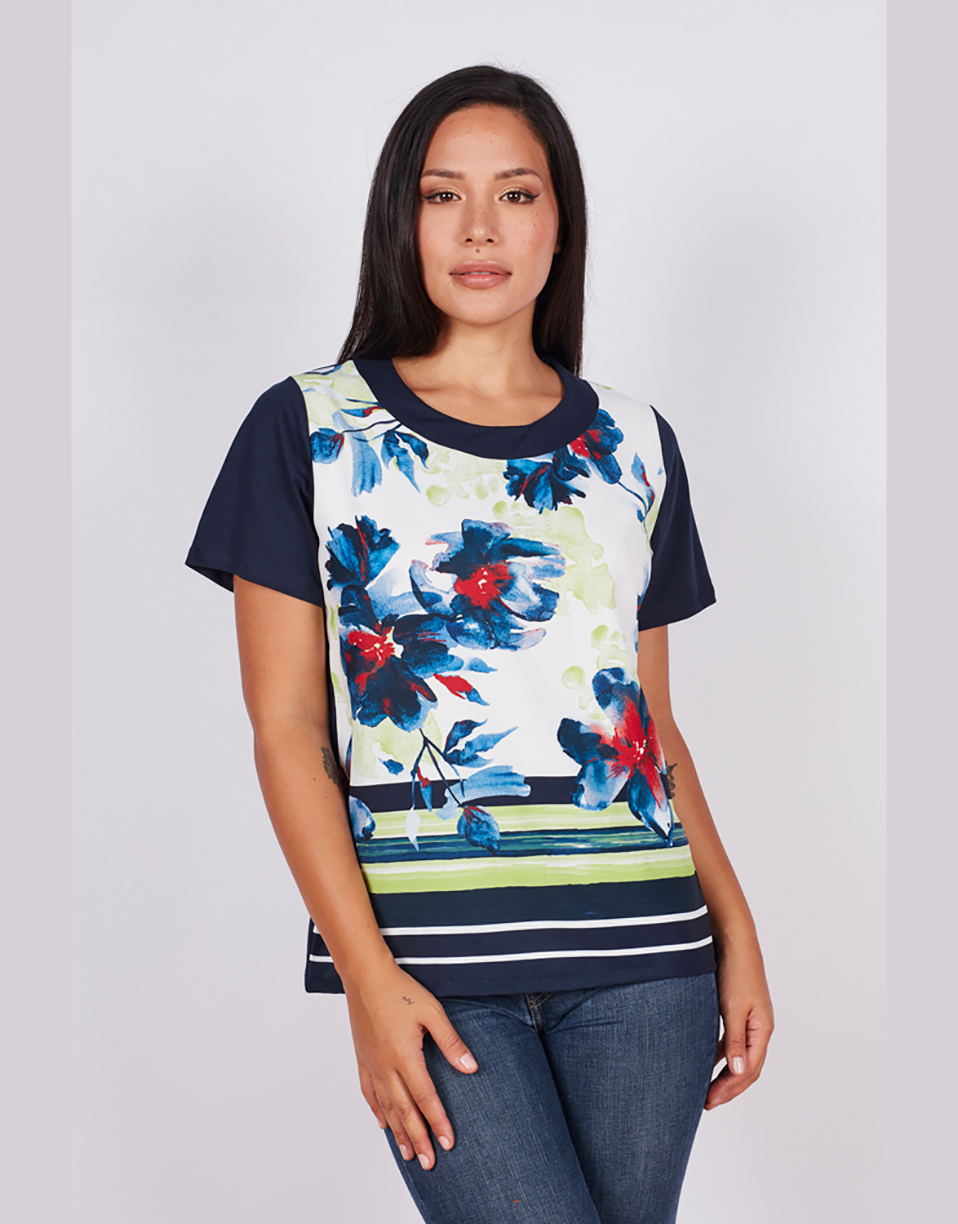 Camiseta mujer manga corta estampado flores detras marino | Indalesi
