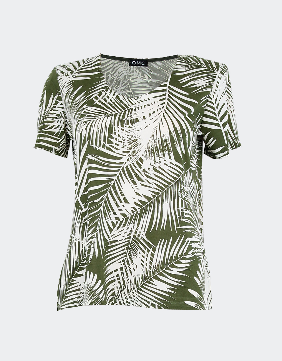 Camiseta punto mujer manga corta y cuello pico en estampado de hojas