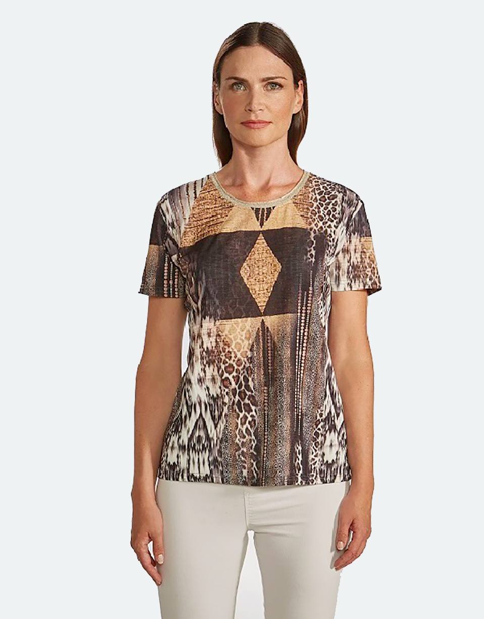 Camiseta punto mujer corta estampada tonos marrones con 'animal print' | Casa Indalesi