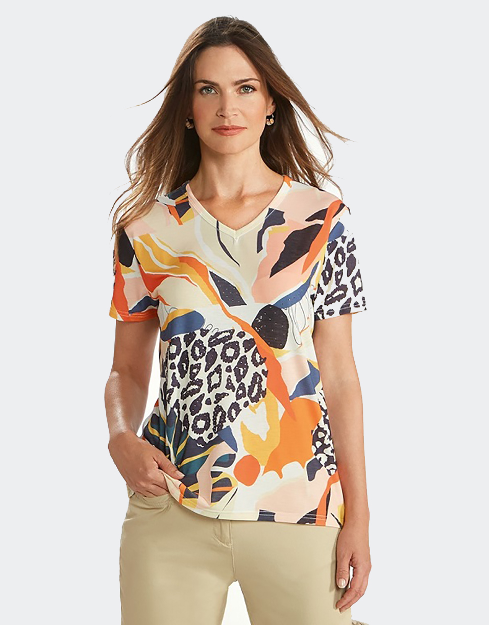Camiseta mujer manga corta cuello pico estampado abstracto en colres vivos  en naranjas