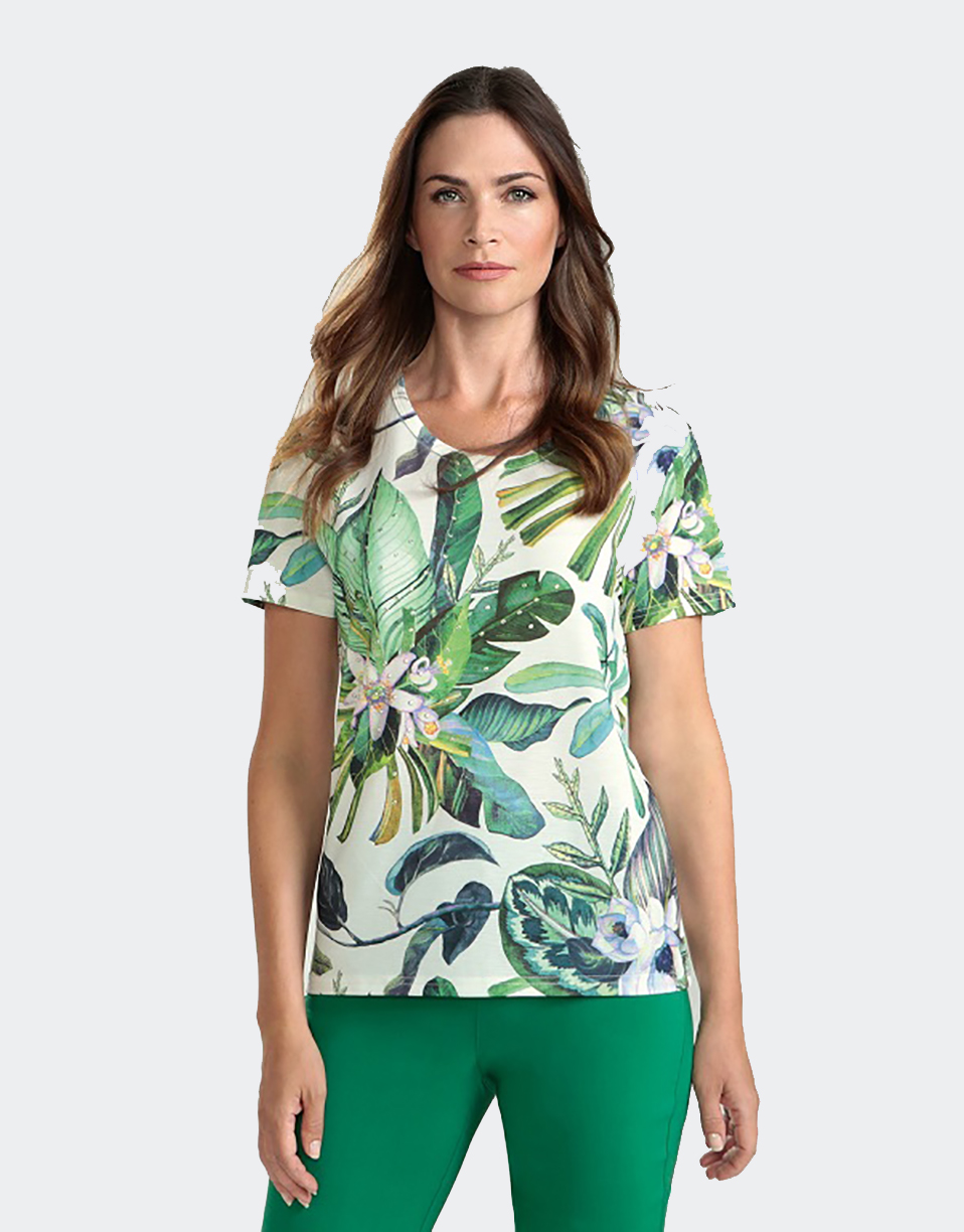 Camiseta mujer manga corta estampado en verdes en plantas - Casa Indalesi